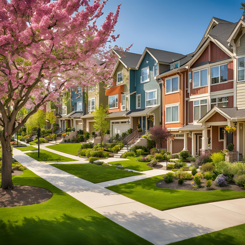 A row of houses with trees in the background.