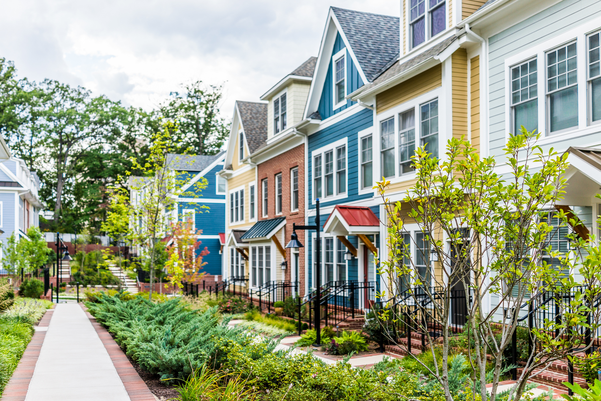 A row of houses with trees in the background.